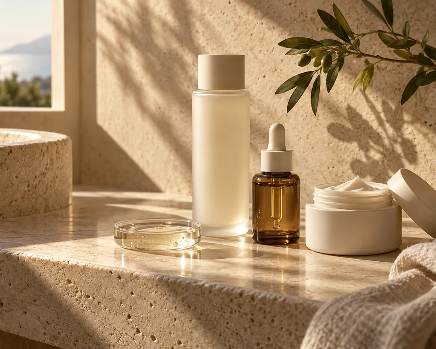 Unbranded skincare bottles and cream on warm stone in soft sunlight, an illustrative editorial still life